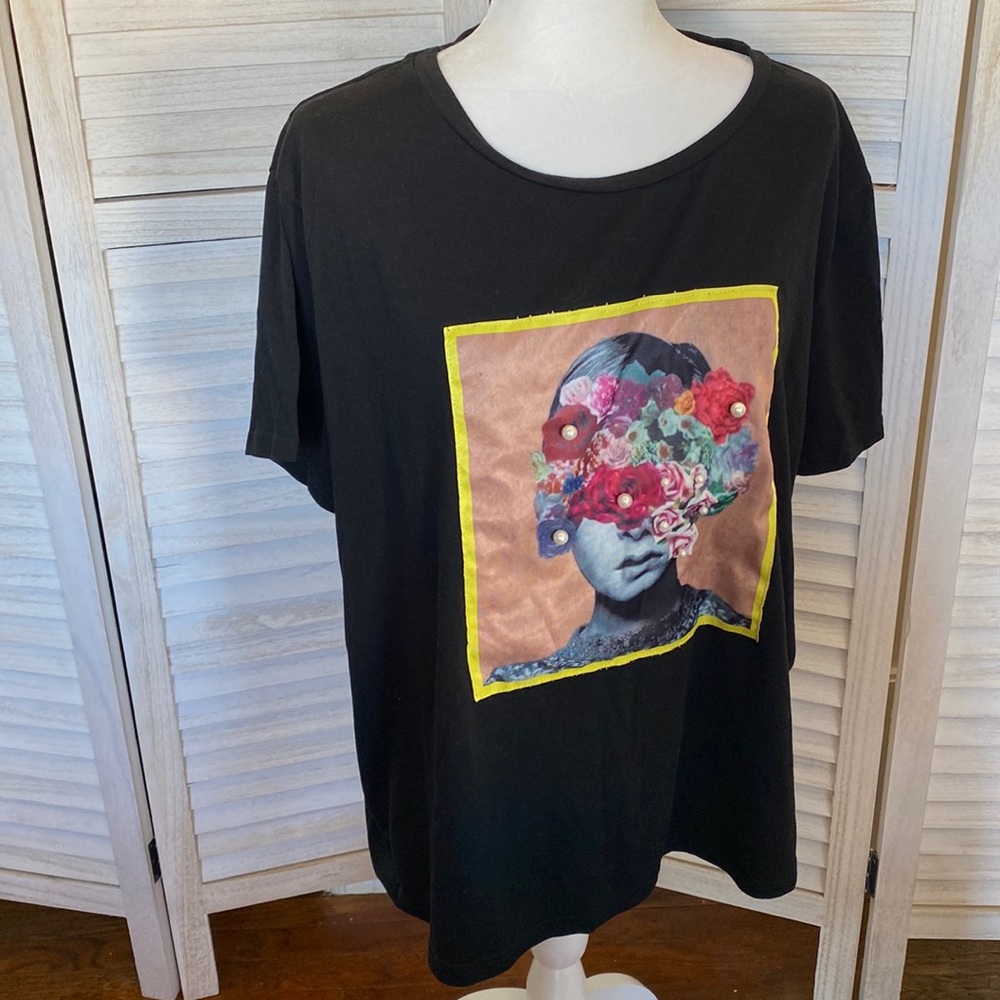 Black graphic tee with pearls plus size 3x